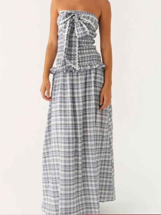 Peppermayo Dresses & Skirts - Peppermayo Malia Shirred Maxi Dress Blue Grey Check Plaid 8 Smocked Ruffles
